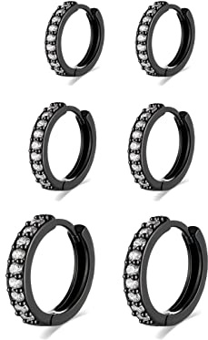 Schwarz Creolen Ohrringe fr Damen - 925 Sterling Silber, Kleine Schwarz Creolen mit AAA Zirkonia, 3 Paar hypoallergene kleine Sleeper Huggie Ohrringe