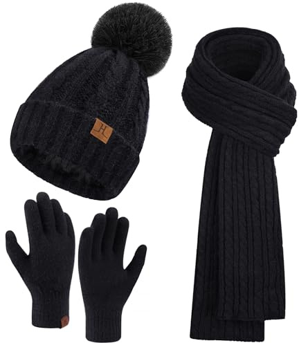 Bequemer Laden Donna Inverno Caldo Cappello Pompon Guanti Tattili Lunga Sciarpa Set Maglia con Fodera in Pile Regali Natale Donna, Z-Nero, Taglia unica