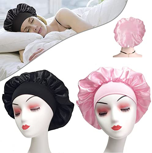 MUFEKUM Hair Bonnet for Sleeping, Wide Band Satin Bonnet, Night Sleep Cap Silk Bonnet , Hair Care Sleeping Head Cover Elastic Hat Hair Bonnet for Black Hair Curly Hair (2pcs Black + Pink), 1.0 count