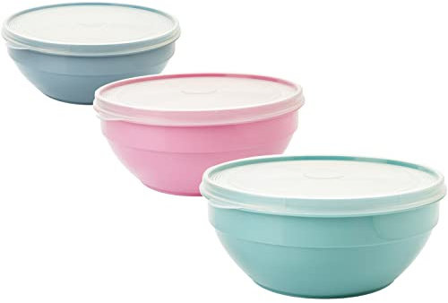 Schüssel mit Deckel 1l, 3er Rührschüssel set, Salatschüssel mit Deckel, Schüssel set aus BPA-frei Kunststoff (PP), Farbe: hell grau, pastell rosa, pastell grün, Transparent Deckel, Made in EU