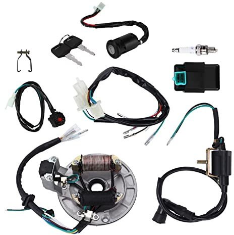 XTevu Ignition Kit, CDI Box & Magneto Stator for 50cc–140cc Pit Bike Dirt Bike ATV, Ignition Coil Wiring Loom with Spark Plug Lead, Start System Replacement, kick-start horizontal 4-stroke