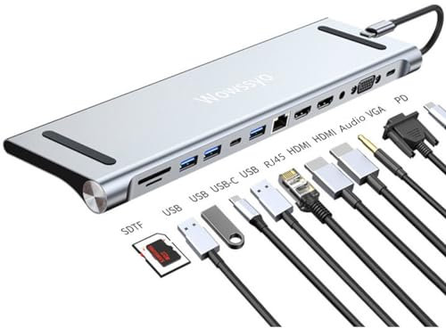 Wowssyo 12-en-1 USB C Hub Docking Station, Adaptador USB C para 3 Pantallas 2 HDTV 4K, VGA, USB 3.0/2.0, USB C, Lector de Tarjetas SD/TF, Ethernet, PD 100W, Audio 3.5mm para MacBook Pro/Air y Windows