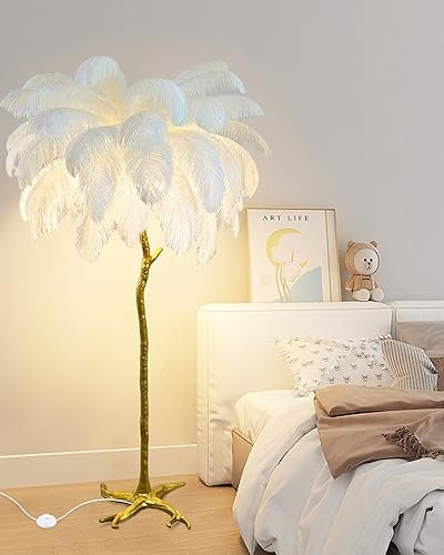 KOSHSH Stehlampe Federn Wohnzimmer, Federlampe Stehlampe LED Dimmbar Große Feder Lampe Mit Goldener Lampenmast Aus Harz,170cm Straußenfedern Stehlampen Hoch Schlafzimmerdekoration(Kamel) (White)