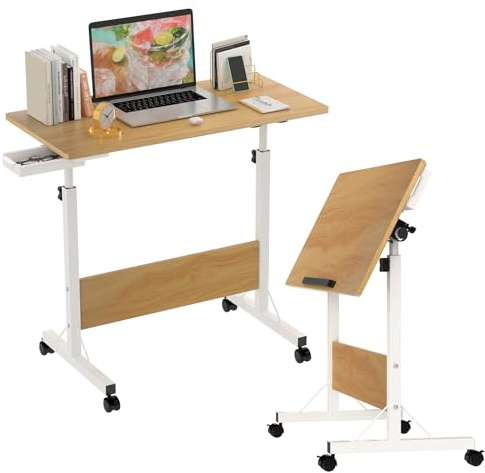 PIPIPOXER 80x40cm Klapptisch Laptoptisch höhenverstellbarer 64-89cm Schreibtisch Faltbar Computertisch mit drehbarer Rollen, Kartenschlitz und Schubladen für Schlafzimmer, Büro, Holz Farbe