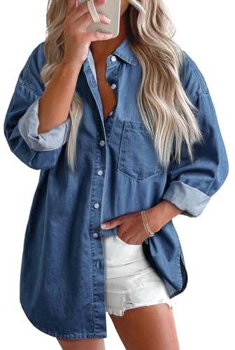 Astylish Women Denim Blouse Chambray Boyfriend Shirts V Neck Elegant Long Sleeve Basic Button Down Top Ashleigh Blue Large