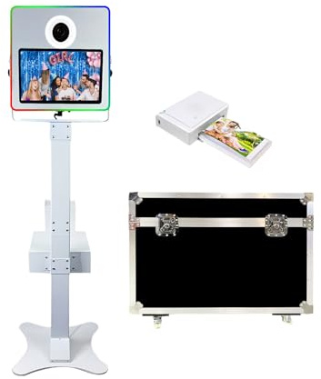WideMeet Tragbare Hochzeits-DSLR-Fotokabine, LED-Rahmengehäuse, Spiegelkabine mit 39,6 cm Touchscreen mit Flugkoffer, Verpackung für Partys, Veranstaltungen (weiße Maschine, Photobooth+Mini-Drucker)