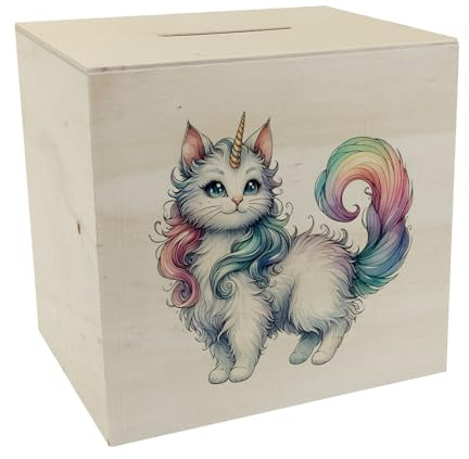 Einhorn-Katze Spardose aus Holz Einhorn Katze Spardose aus Holz Süßes Niedliches Sparschwein im Fabelwesen Design mit Horn Magische Fantasie