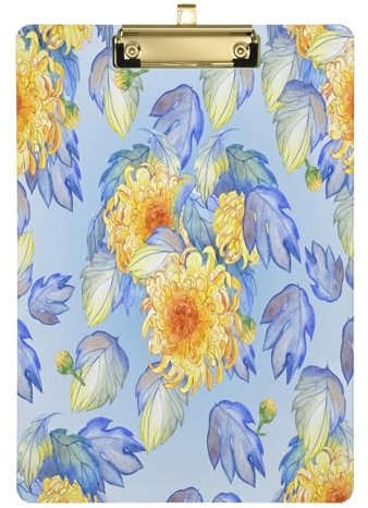 Niedliche Klemmbretter für LKW-Fahrer, legal, 30,5 x 22,9 cm, mit niedrigem Profil, Metallclip, Acryl, niedlich, Tabla Para, Escribir, Aquarell, Gelb, Blumen, Chrysantheme, Blau