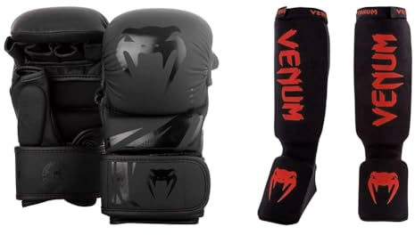 Venum Unisex Challenger 3.0 MMA Sparring Handschuhe, Schwarz, M EU & Kontact Boxen Schienbeinschützer, Schwarz/Rot, One Size