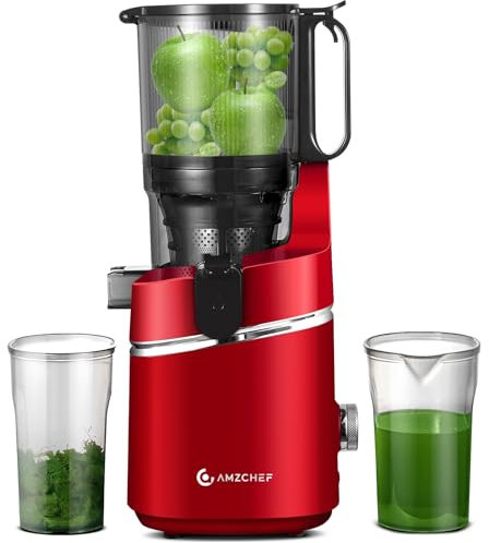 AMZCHEF Extractor de Zumos y Verduras Automático, 135MM Apertura y 1.8L Capacidad Licuadora para Verduras y Frutas Entera, 250W Licuadora Prensado en Frio Lento con Triple Filtro - Rojo