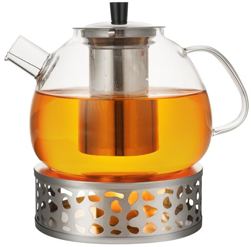 Teekanne Mit Siebeinsatz 1,6 Liter, Transparent Heizbare Glaskanne Mit Edelstahl-Abnehmfilter, Geeignet für Aromatischen, Grünen, Schwarzen, Früchtetee 1500 ml (Teekanne (mit Heizbasis))