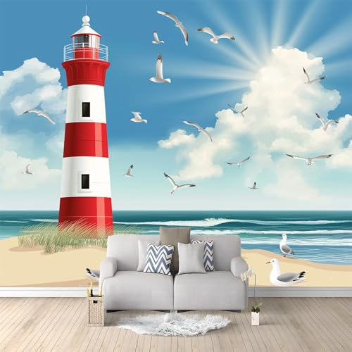 Tapete Wandbild 3D Fototapete Strand Leuchtturm Meer Sand Blau Blau Vliestapete Wandtapete Foto für Modernes Design der Fernseh Hintergrund Wand-Kunst-Deko, 350x256 cm