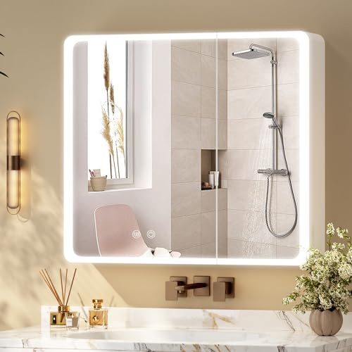 Aovquof spegelskåp med belysning – 80 × 70 cm spegelskåp i badrum med förvaringsutrymme, badrumsspegelskåp med justerbara dimbara LED-lampor med demistfunktion, rundad krämfärg