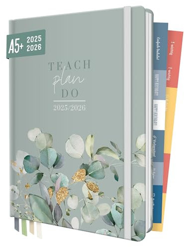 Häfft® Lehrer-Planer 2025/2026 A5 + Minty Leaves Hardcover Lehrerkalender/Schuljahresplaner mit 236 Seiten, Stickern und mehr - nachhaltig & klimafreundlich