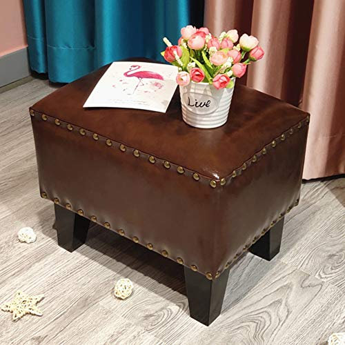 Quadratischer brauner Leder-Pouf, Ottomane, Fußhocker mit Massivholz, Wohnzimmer, Couchtisch, Bank, kleine Größe, 36 x 26 x 30 cm