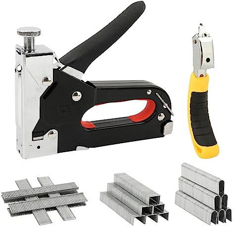Pistola grapadora de tapicería resistente, kit de pistola grapadora 3 en 1 con 1200 grapas, removedor de grapadoras, pistola grapadora manual para madera, manualidades, carpintería, decoración