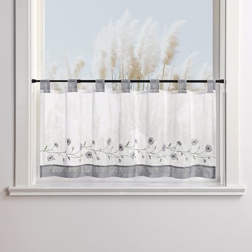 Yujiao Mao Küchengardine, kurz, 1 Paneel, halbtransparent, mit Schlaufen, Stickerei mit kleinen Gänseblümchen, kleiner Fenstervorhang, Grau, B x H 90 x 45 cm