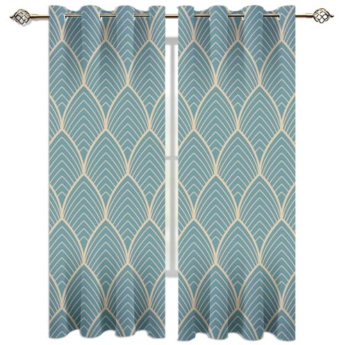 Kinder Gardinen Kinderzimmer Junge Mädchen Blickdicht Blau-Weißer Geometrischer Fächer 140X160Cm 2Er Set Verdunkelungsvorhang Thermovorhang Hitzeschutz Vorhänge Wohnzimmer Schlafzimmer Vorhänge Mit