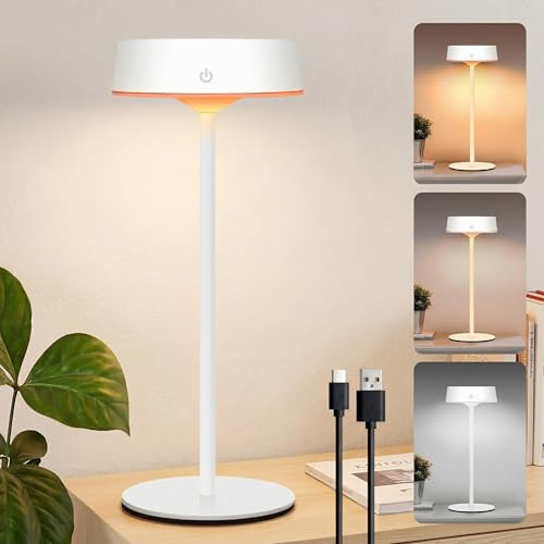 Rosnek LED Tischlampe Kabellos, Solar Outdoor Tischlampe für Touch Schalter, Weiß USB Akku Tischleuchte für IP67 Wasserdicht, 3 Farbtemperaturen Stufenlos Tischleuchte Dimmbar für Innen & Aussen