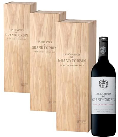 Coffret Cadeau Caisse Bois - Les Charmes De Grand Corbin - AOP Saint Emilion Grand Cru - Vin Rouge – 75cl (Lot de 3)