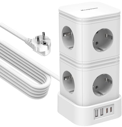 IECOPOWER Tour Multiprise avec Interrupteur,PD20W USB multiprise(2 USB-C Ports et 2 USB-A Ports),Multiprise parafoudre,4000W/16A,1050 J, rallonge Electrique 5m, Blanc