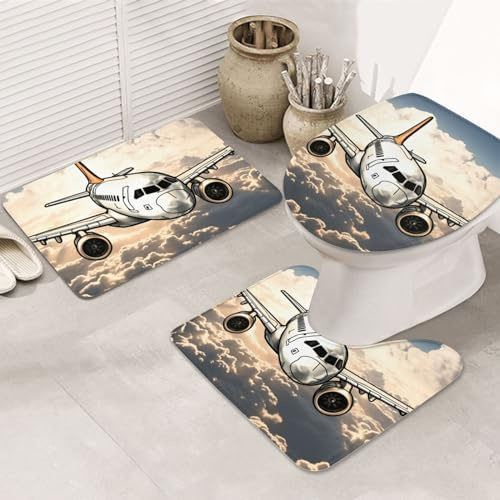 Set 3 Teilig Badvorleger Flugzeug Fliegen U-Förmigen Contour Matte Wasserabsorbierend Langlebige Badgarnitur Badematten, Für Wohnzimmer, Dusche, Badewanne
