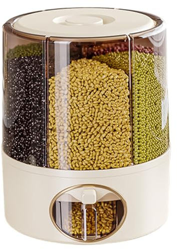 Heidouse Grain Dispenser, 360° Rotating Clear Rice Bucket with 6 Compartment, One-Click Output Cereal Dispenser with Lid for Kitchen, 9.25x11.02 inch Container Sets