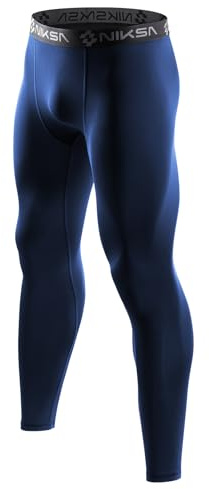 Niksa 1 Pack Men’s Compression Leggings for Gym Running Cycling - Elastic Soft Fabric, Flat Seam Anti-Friction, Muscle Support Activewear Base Layer Tights,Navy Blue,L