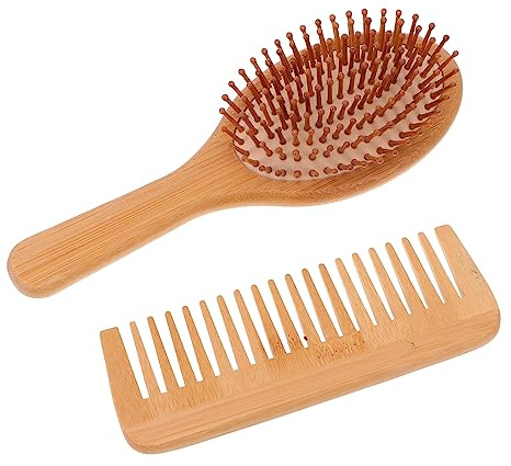 HONMEET 2 piezas Cepillo de Masaje de Bambú y Peine de Dientes Anchos Antiencrespamiento Compacto y Ligero para Desenredar y Peinar Tipo de Cabello Personal y Profesional