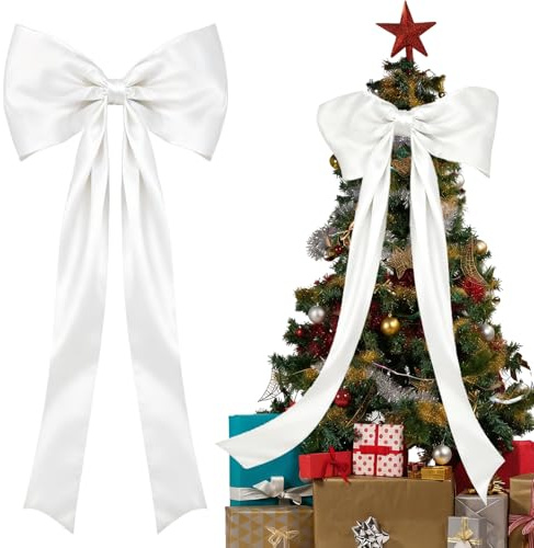 Extra Large Christmas Bow 48×115cm, Christmas Decorations, Giant Red Stain Bow for Large Tree Topper Ornament - Wreath for Indoor Outdoor Home Holiday (White)
