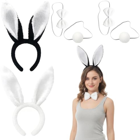 ZocRjvN Hasen Ohren, Hasenkostüm Erwachsene, 6-teiliges Set Mit Hasenohren Haarreif, Bunny Ears, Schwarz Und Weiß