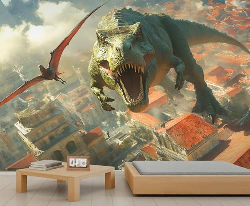 Kinder-Dinosaurier-Tapete, Jungen, Tier-Dinosaurier, Wandbild, Stadtlandschaft, Kindertapete für Mädchen, Schlafzimmer, Wandbild, Wohnzimmer, 350 x 256 cm