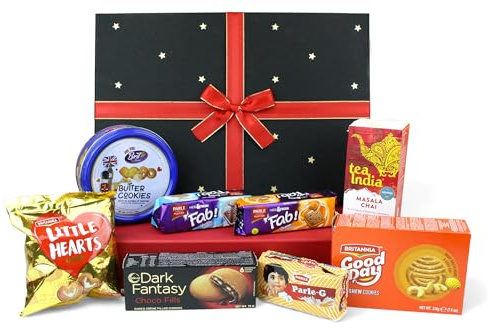 Emartbuy Premium Assorted Biscuit Cookies Treats & Masala Chai Tea Gift Hamper with Ribbon Packaging | Perfect for Birthdays, Thank-You, Corporate & Festive Gifting - Deluxe Snack Box