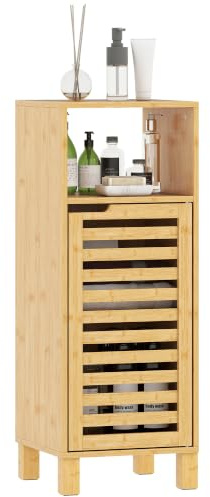 HOMCOM Badezimmerschrank Schmal für Kleine Räume 30 x 30 x 80 cm Naturholz | Verstellbare Regale, Offenes Fach, Toilettenschrank, Beistellschrank, Aufbewahrungsschrank für Badezimmer