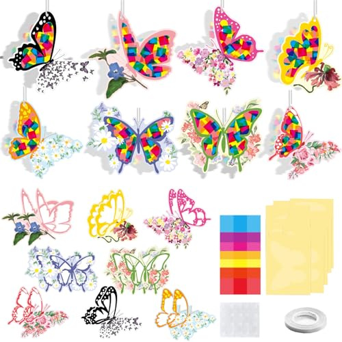 AUNGKWANG Bastelset Frühling Kinder, 16 Stück Blumen Fensterbilder Basteln, DIY Frühlingsdeko Fensterdeko Kinder, Fensterbilder Frühling Bastelset mit 4 Farben Konfetti