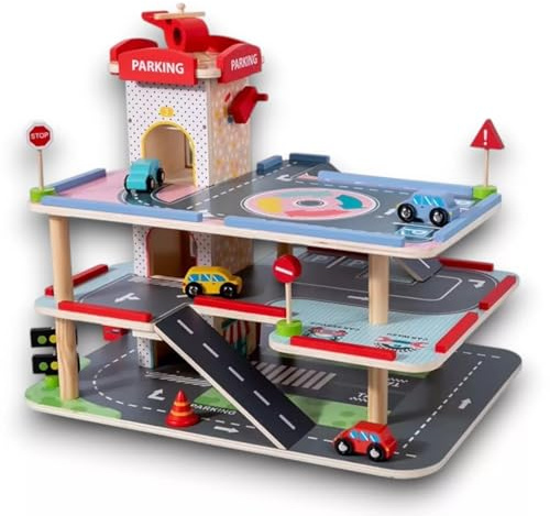 Wooden Car Garage Toy 3 Storey Playset with Lift, Ramps & Helipad, Includes 4 Cars, Helicopter & Accessories, Educational Wooden Toy for Kids Toddlers Age 3+