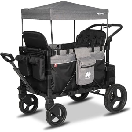 elvent® FlexProfessional 4 Bollerwagen 4-Sitzer | TÜV-Zertifiziert I Handwagen faltbar mit Dach, 5-Punkt-Gurt, Feststellbremse, 100 kg | Kita & Tagespflege (Grau)