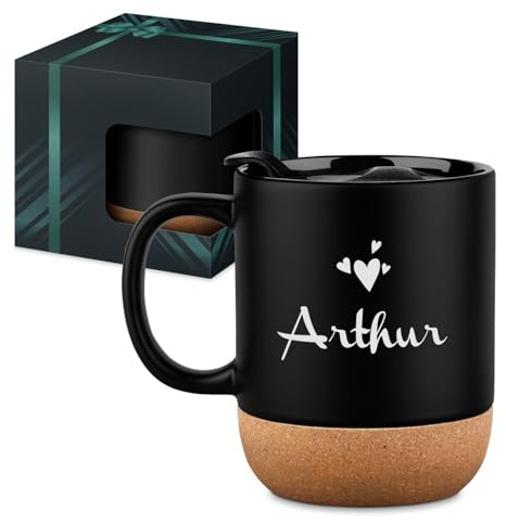 Maverton Mug Personnalisé pour amoureux, Tasse à Café en Céramique | Avec Couvercle et Base Liège, Tasse Personnalisable pour copain mari, Idee cadeau copine, Cadeau Couple, cœurs