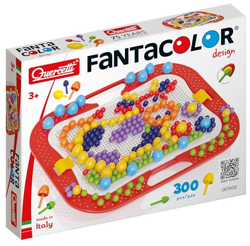 Quercetti FantaColor Design, Mosaik Bastelset Kinder, Spielzeug ab 3 jahre für Kinder, Montessori Spielzeug mit 300 Reißnägel, Reisespielzeug in praktischer Aktentasche, Geschenk Mädchen 3 jahre