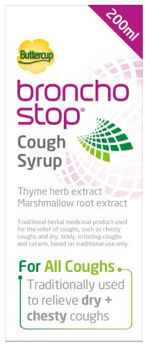Bronchostop Cough Syrup (200ml) - Relief for Dry or Chesty Coughs - with Natural Thyme Herb and Marshmallow Root Extract - Non Drowsy Cough Medicine That Can Be Diluted & Undiluted - Alcohol Free