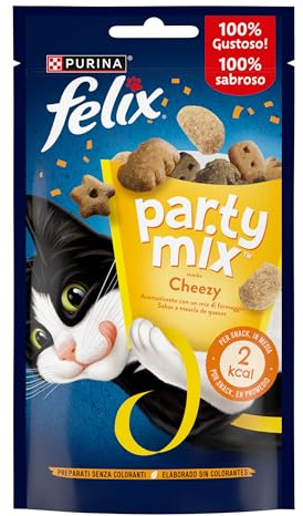 FELIX Party Mix Snack per Gatti Adulti con Formaggio Cheddar, Gouda e Edamer 8 Confezioni da 60g