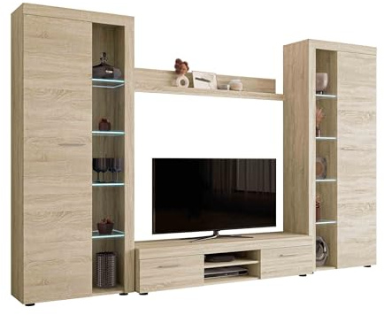 Mirjan24 Wohnwand Rango XL, Modernes Wohnzimmer Set, Design Anbauwand, Schrankwand, Mediawand, Vitrine, TV Lowboard, (Sonoma Eiche, mit weißer LED Beleuchtung)