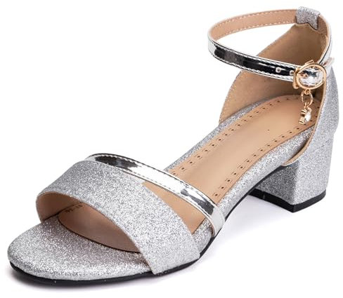 Onewus Damen Sandalen Blockabsatz 5,5 cm Silber Glitzer - Bequeme atmungsaktive Innensohle mit Schnallenverschluss - Silber 38 (Größentipp: 1 Größe größer bestellen)