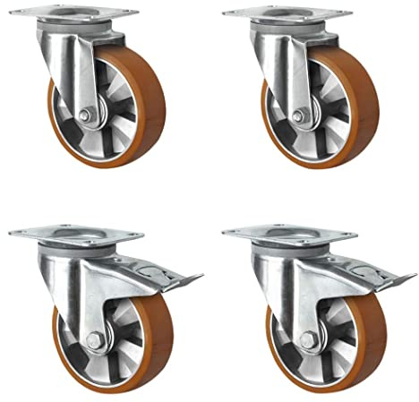 Abrollwerk 4er Set Schwerlastrollen 125 mm – 1200 kg Traglast – 2 Lenkrollen & 2 mit Bremse – Aluminiumfelge & Polyurethan Lauffläche – Doppelkugellager – Industrierollen robust