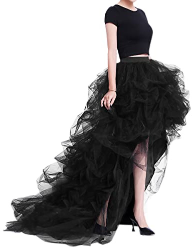 WDPL Women's Long High Low Skirts Maxi Ruffles Birthday Party Tulle Skirt (Black, Large)