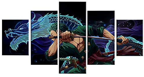 MPPSU One Piece Zoro Anime Poster Kunstdrucke Modular Wandkunst Modern Wanddekoration Wandbilder Wohnzimmer Leinwandbild 5 Teiliges Poster Set XXL Bilder Kreatives Geschenk Mit Rahmen 150 * 80cm