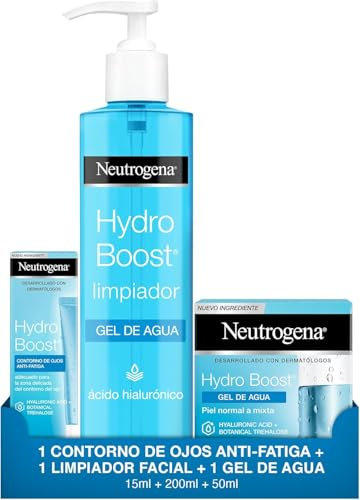 Neutrogena Hydro Boost, set de regalo con Gel de Agua hidratante facial (50 ml), Gel de Agua limpiador facial (1 x 200 ml) y Gel contorno de ojos antifatiga (15 ml), rutina con ácido hialurónico