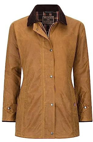 Walker and Hawkes Ladies Wax Victoria Jacket - Waterproof Jackets for Women, Made in Britain with 100% Quality Waxed Cotton and Tartan Lining - Beige - 8 UK / 4 US