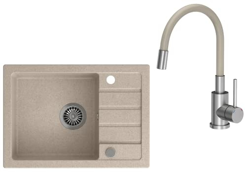 VBChome Handfat med armatur 62 x 44 cm beige diskbänk enkelhandfat kök inbyggd diskbänk komposit diskbänk diskbänk spräcklig yta sifon handfat diskblandare med flexibel pip