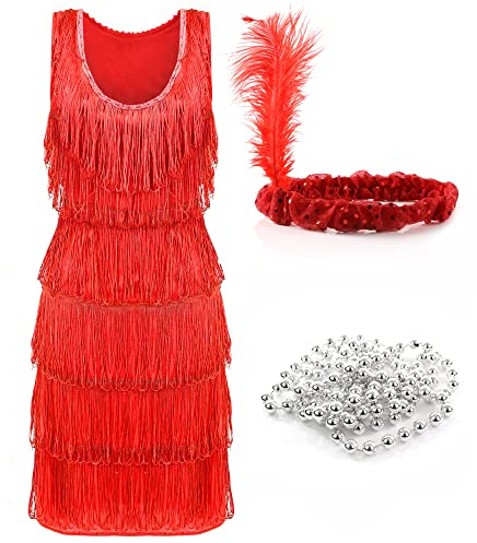 Red Deluxe Flapper Dress Ladies Deluxe Red Flapper Costume with Matching Sequin Headband, and Silver Pearl Necklace - 1920's Party Dress